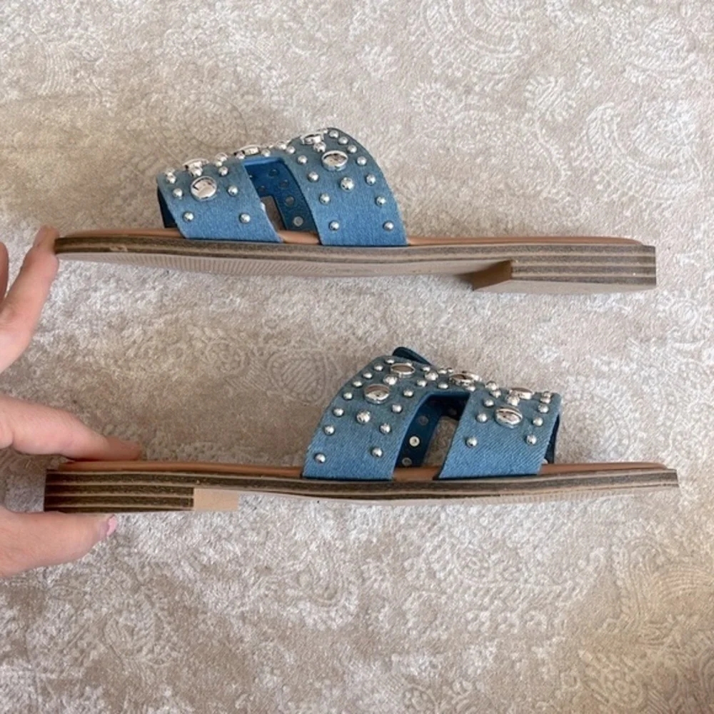Brand New Madden Girl Denim Blue Silver Tone Metal Studded H-Band Slides Sandals